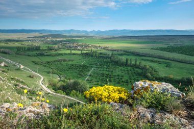 Yeşil vadi manzaralı güzel bir bahar manzarası. Belogorsk, Kırım