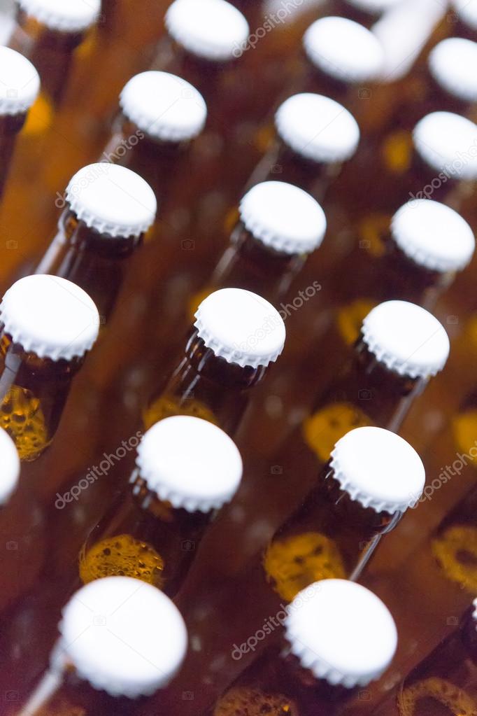 Glass beer bottles with white lids