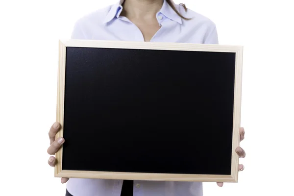 Jeune femme d'affaires tenant un tableau noir — Photo