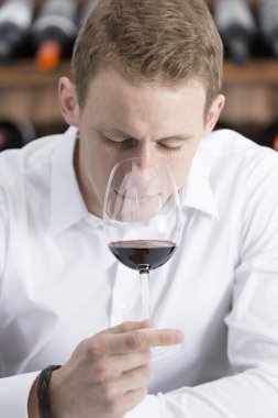 genç adam bir kırmızı wineglas kokulu