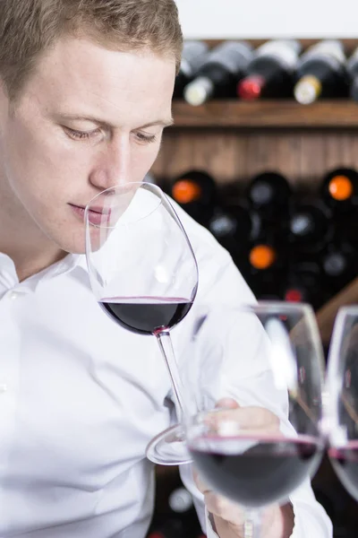 Enólogo macho cheirando um vinho tinto — Fotografia de Stock