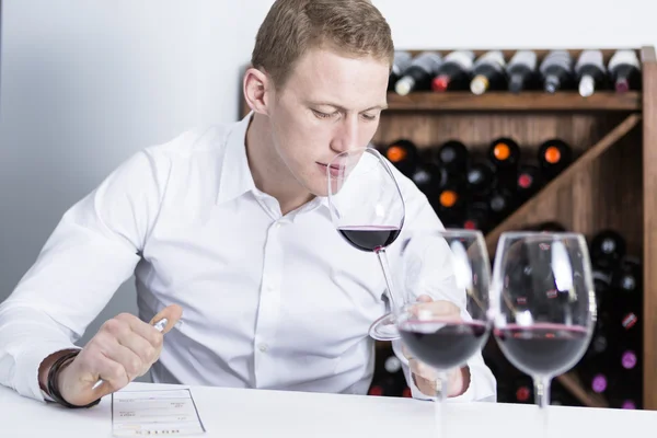 Winemaker smelling a red wineglas — Stock Photo, Image