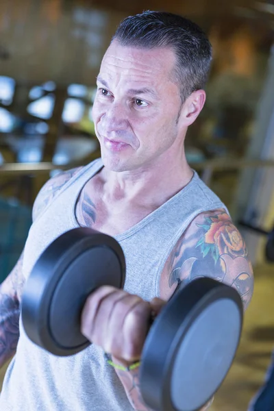 Man making dumbbell alternate curl - workout routine — Stock Photo, Image