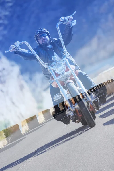 Double exposure chopper motorcyclist and asphalt roa — 스톡 사진