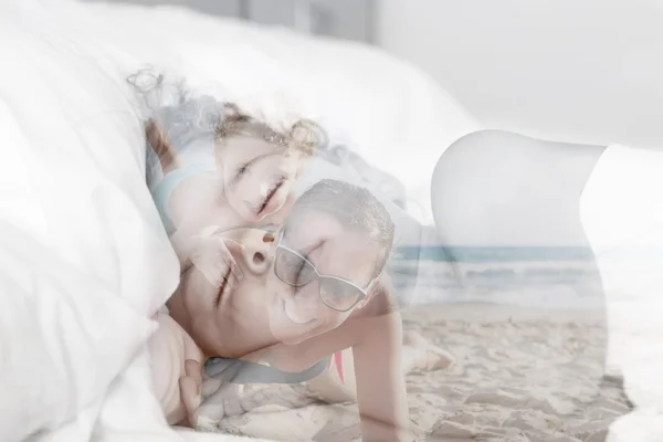 Double exposure child dreaming and beach game Stok Resim