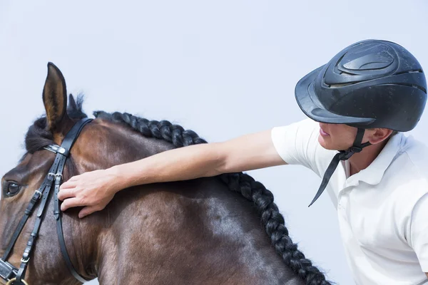 Boy caressing a horse — Stock Photo, Image