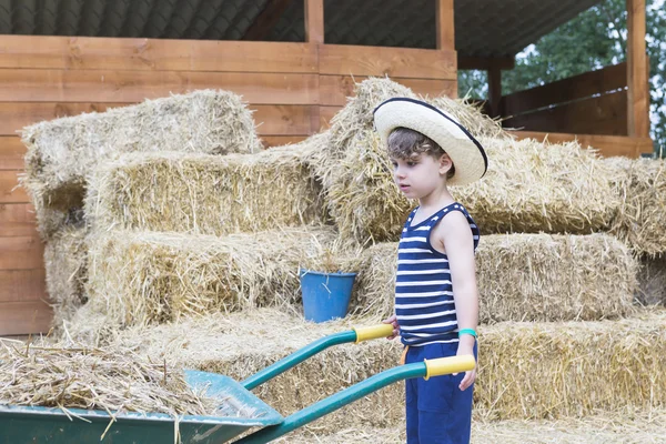 Garoto agricultor no celeiro — Fotografia de Stock