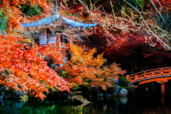 Pagoda Stay Pond Autumn Season Change Present Gingko Maple Leafs — Stock Photo, Image