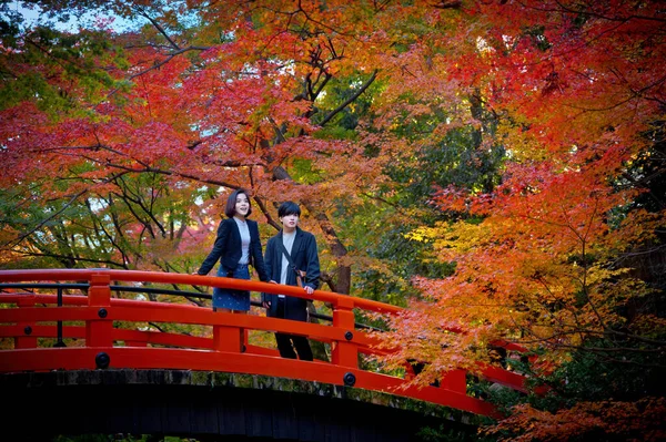 Gezgin Çift Sonbahar Yapraklarının Japon Bahçe Parkındaki Mevsim Değişiminin Keyfini — Stok fotoğraf