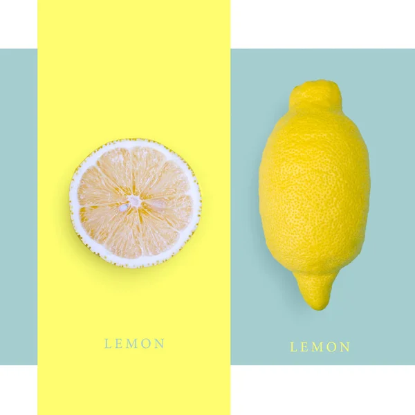 Diseño Creativo Hecho Limón Sobre Fondo Azul Amarillo Acostado Concepto — Foto de Stock