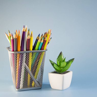 Tutucudaki kalemler mavi arka planda izole edilmiştir. Düz yerde, üst tarafta. Uzayı kopyala Okula dönelim. Eğitimde. Kare kare