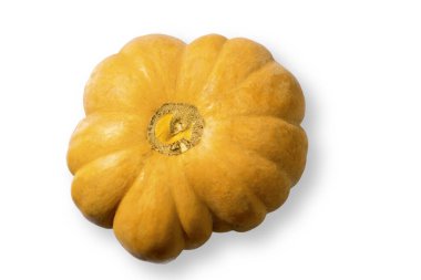 Beyaz arka planda izole edilmiş turuncu balkabağı Cadılar Bayramı. Düz yerde, üst tarafta. Sonbahar asgari kavramı.