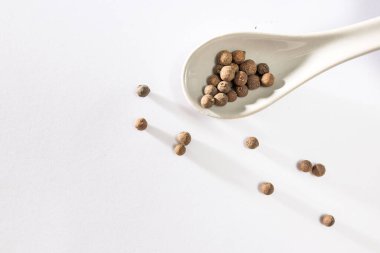 Tüm baharatlar beyaz üzerine uzun gölgeler. Kaşık ve kase içinde siyah biber. Metin için yer