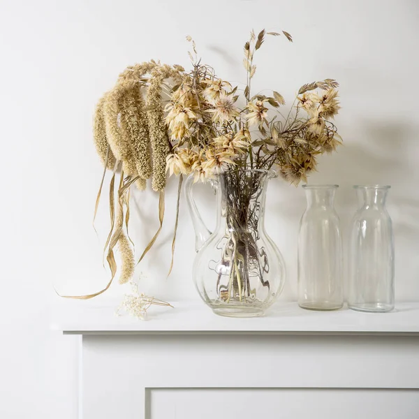 Dried Flowers Cereals Transparent Glass Decanter Stand White Console Scandinavian — Stock Photo, Image