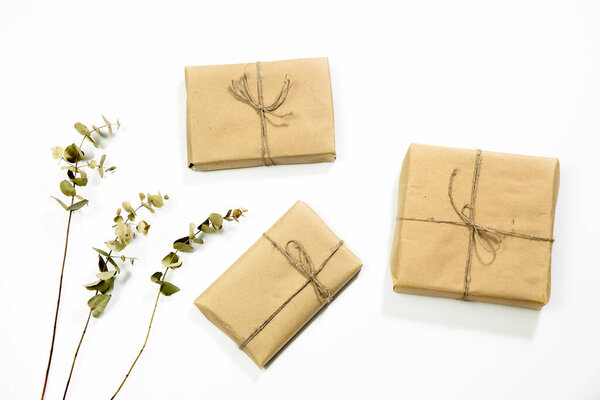 Сухие эвкалиптовые ветви и подарки, завернутые в бумагу. Пустое место. Принято. Вид сверху