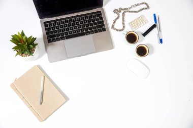 Laptop, yapay sulu bitki, not defteri ve kalem beyaz masanın üzerinde. Boşluk. Kavram. Boşluğu kopyala