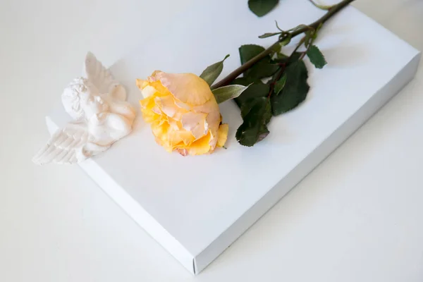 Rosa Naranja Con Ángel Porcelana Están Cuaderno Blanco —  Fotos de Stock