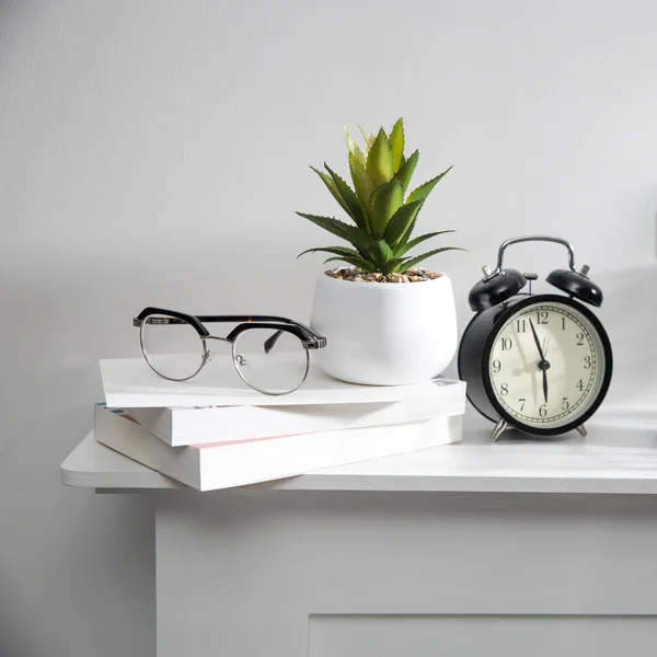 Una Pila Libros Una Planta Suculenta Artificial Una Maceta Cerámica — Foto de Stock