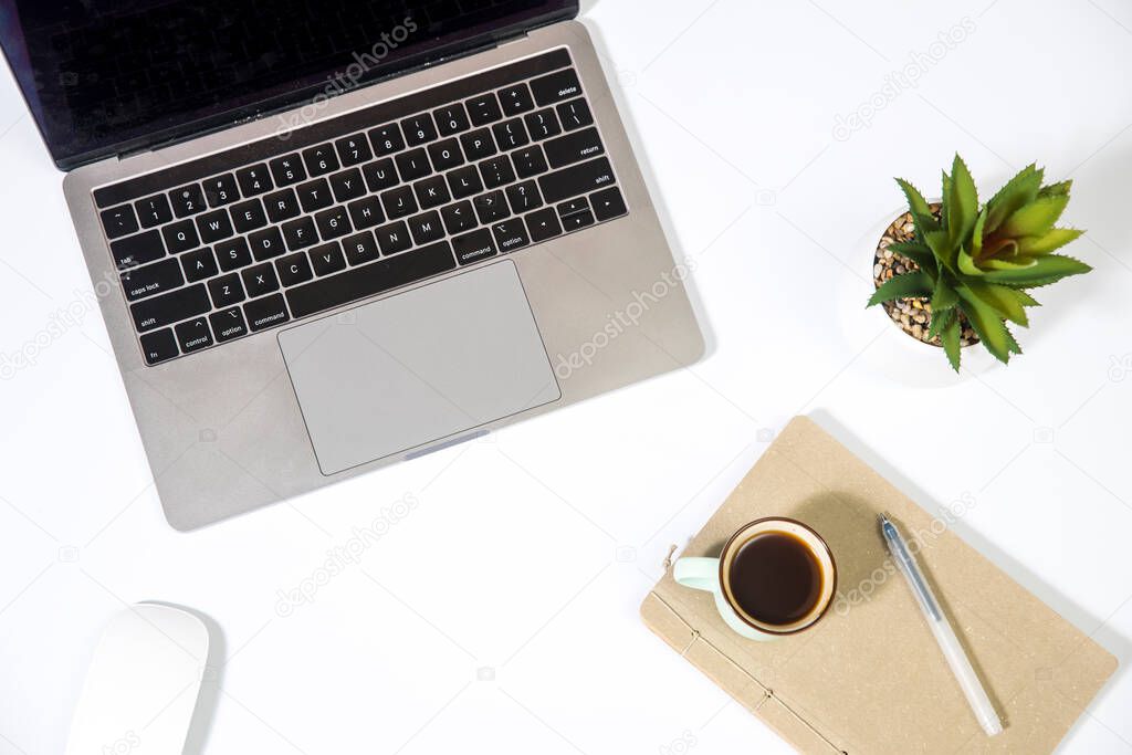 Laptop, artificial succulent plant, notepad and pen on the table on white. Empty space. Concept. Copy space