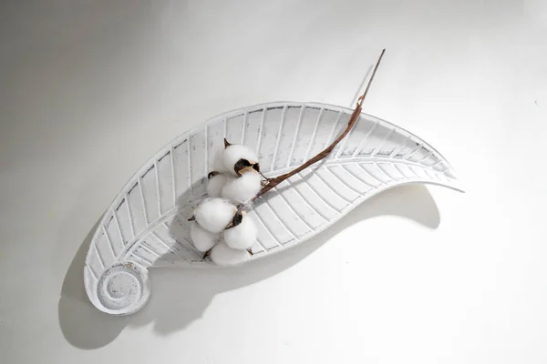Künstliche Baumwollblüten Auf Einem Draht Auf Einer Weißen Gipsvase Form — Stockfoto