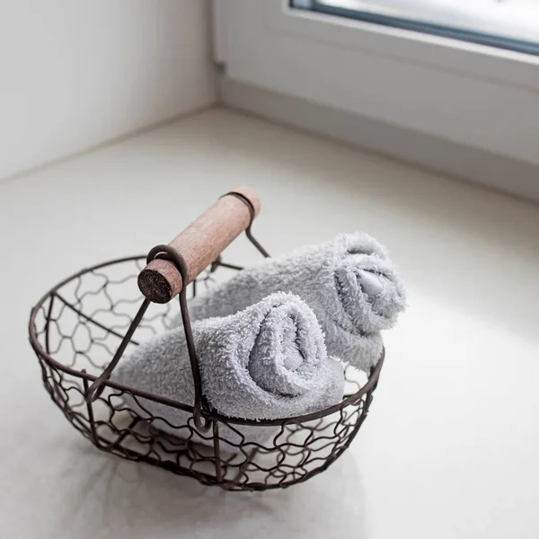 Rolled Towels Metal Basket Clean Bathroom Square Frame — Stock Photo, Image