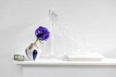 Masadaki 70 'lerin tarzında, iç dekorasyon olarak kitap ve epty şişeleri olan çok renkli bir vazoda bir mavi şakayık. Boşluğu kopyala