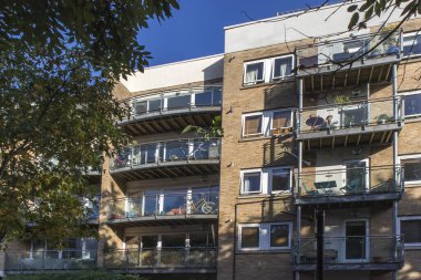 Londra, İngiltere - 20 Eylül 2020, tuğla bir binanın cam balkonunda yeşil bitkiler