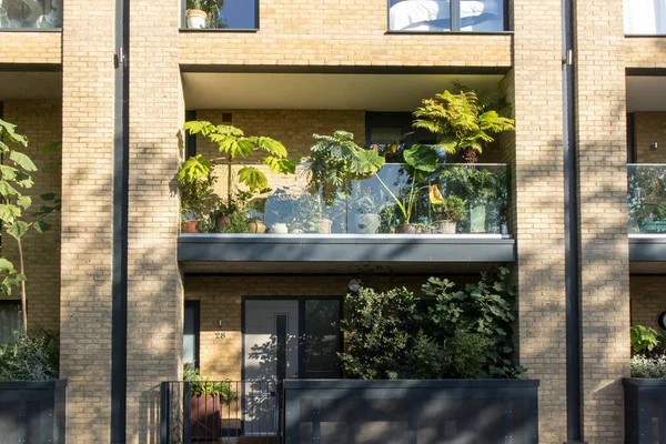 ロンドン 2020年9月20日 レンガ造りの建物のガラスバルコニーの緑の植物 — ストック写真