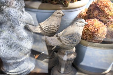 Teneke bir havuzda gri seramik kuşlar, bahçe bitkilerinin arka planında duran taş enginarlar. Güneşli bir gün