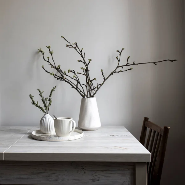 Stile Scandinavo Minimalista Rami Semiaperti Melo Vaso Scanalato Bianco Piccolo — Foto Stock