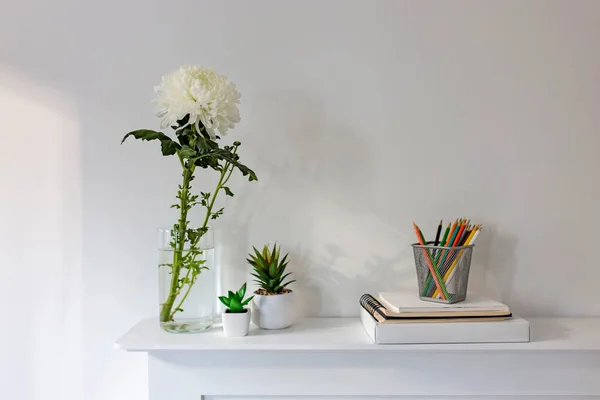 Große Weiße Chrysanthemen Einer Transparenten Glasvase Und Zwei Künstliche Sukkulenten — Stockfoto