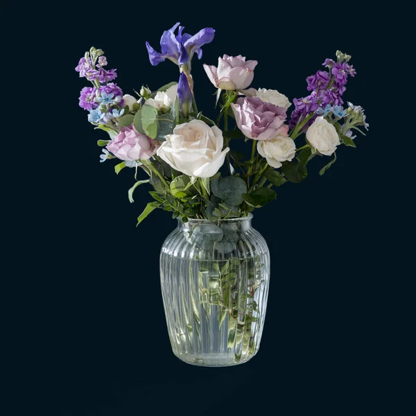 Bouquet Hackelia Velutina Purple White Roses Small Tea Roses Matthiola — Stockfoto