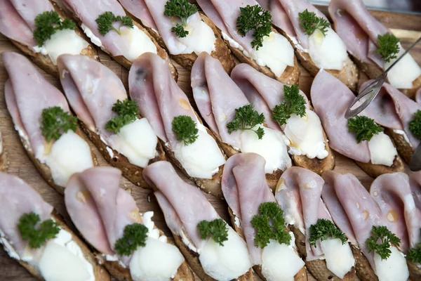 Ham Parsley Sandwiches Arranged Row Buffet Table — Stock Photo, Image