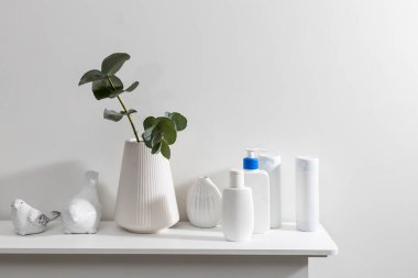 Bir kuşun figürleri çekmece sandığının yüzeyindedir. Okaliptüs dallı bir vazo, plastik şampuan şişeleri, krema. Tuvalette. Metin için boşluk