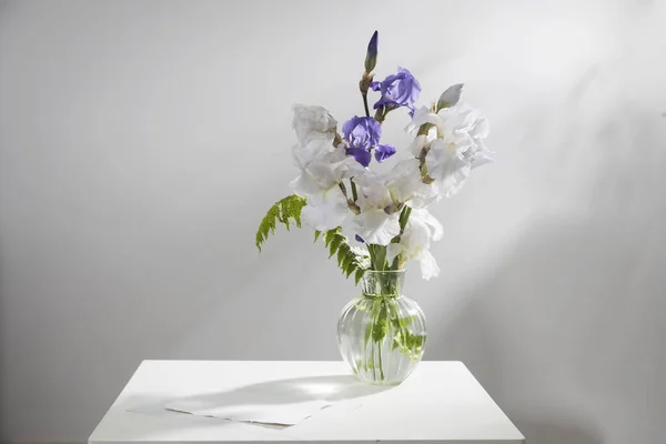 Íris Brancas Azuis Conjunto Com Samambaia Vaso Transparente Uma Mesa — Fotografia de Stock