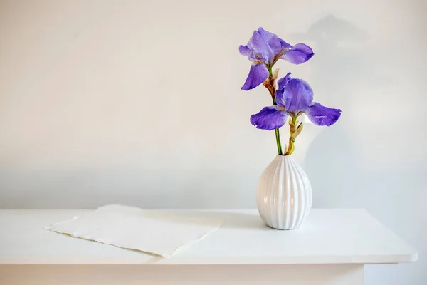 Iris Azul Jarrón Ondulado Con Trozo Papel Artesanal Sobre Una — Foto de Stock
