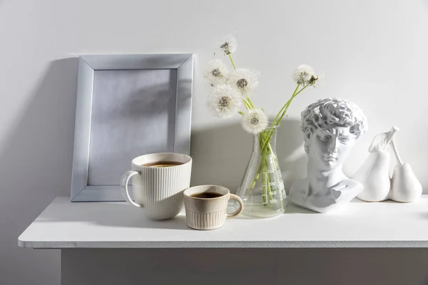 Bunch Fluffy Dandelions Chemical Flask Empty Photo Frame Cup Espresso — Stock Photo, Image