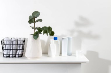 Banyo içi. Yüzü yuvarlanmış metal sepet, okaliptüs dallı beyaz vazo, kaplıca salonunun rafında şampuan ve krem kavanozları.