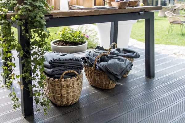 Wicker Baskets Gray Woolen Blankets Case Bad Weather Restaurant Terrace — Stock Photo, Image