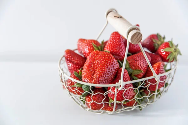 White Metal Basket Wooden Handle Fresh Strawberries White Table Breakfast — Stock Photo, Image