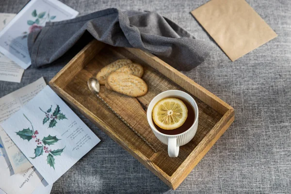 White Cup Tea Lemon Long Cupronickel Spoon Twisted Handle Saucer — Stock Photo, Image