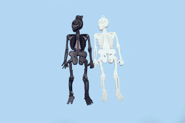 Two plastic skeletons, white and black, on a blue background. Halloween card. Copy space.
