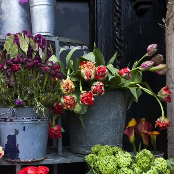 Tulipanes rojos y ranúnculo rosado (buttercup persa) en la tienda — Foto de Stock