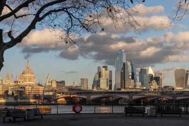 London, UK - December 1, 2024,  Panoramic view of the london skyline from the river thames, contrasting the dome of St. Paul's cathedral with the modern skyscrapers of the city, framed by a bare tree branch.