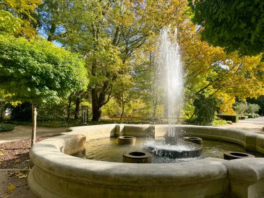 Varşova, Polonya, 2 Eylül 2025, bir parktaki yemyeşil ve sarı yapraklı sonbahar ağaçlarıyla çevrili merkezi su püskürten yuvarlak taştan bir çeşme..