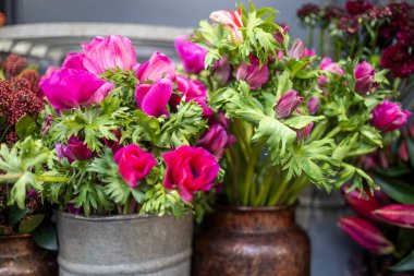 Kırsal metal ve seramik kaplarda sergilenen haşhaş ve anenomelerden oluşan canlı bir morumsu çiçek sergisi..