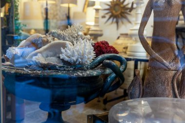 Beyaz deniz mercanları ve deniz kabuklarının detaylı görüntüsü bir mağaza vitrinindeki koyu metalden dekoratif bir kaseye yerleştirilmiş..