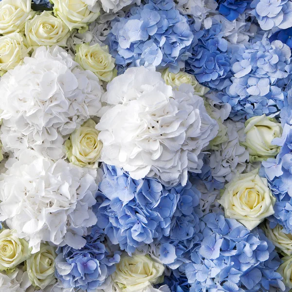 Красивый и нежный букет белой розы и голубых лютиков — стоковое фото