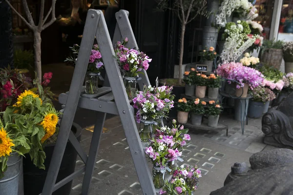 Ramo de guisante dulce, Lathyrus odoratus, flores en un jarrón púrpura de pie en escalones grises de madera —  Fotos de Stock