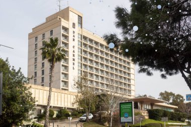 Hayfa, İsrail, 5 Şubat 2026, Hayfa 'da palmiye ağacı ve yeşil bitki örtüsü olan Dan Carmel otel binasının dış görünüşü.